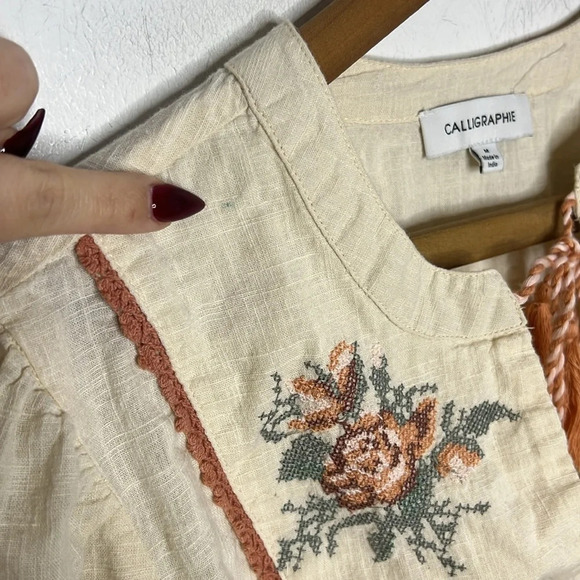 CALLIGRAPHIE Embroidered Floral Boho Tassel Tie Balloon Sleeve Peasant Blouse - Picture 4 of 11